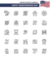 glücklicher unabhängigkeitstag 4. juli satz von 25 linien amerikanisches piktogramm des unabhängigkeitstages feiertagsabzeichen feiertagsfeier editierbare usa-tagesvektordesignelemente vektor