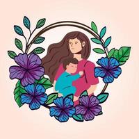 kvinna gravid bärande pojke med blommor dekoration vektor