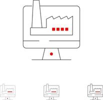 Computergebäude-Monitor-Fabrik Fett und dünne schwarze Linie Symbolsatz vektor