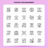 Umriss 25 Strategie und Management Icon Set Vektor Linienstil Design schwarze Icons Set lineares Piktogrammpaket Web und mobile Geschäftsideen entwerfen Vektorillustration