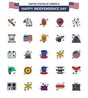 Packung mit 25 kreativen USA-Unabhängigkeitstag-bezogenen flachen gefüllten Linien von Feuerwerkskarten USA-Standort-Eiscreme editierbare USA-Tag-Vektordesign-Elemente vektor