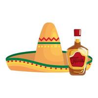 isolierter mexikanischer Hut und Tequila-Flaschenvektorentwurf vektor