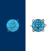 Globus Geschäftsdaten globale Internet-Ressourcen Welt Symbole flach und Linie gefüllt Symbolsatz Vektor blauen Hintergrund