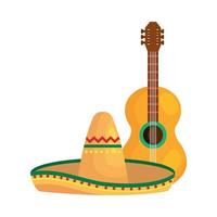 isolerad mexikansk hatt och gitarrvektordesign vektor