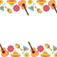 mexikanische Gitarren Cocktails Maracas und Blumen Rahmen Vektor-Design vektor