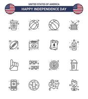 glücklicher unabhängigkeitstag 4. juli satz von 16 linien amerikanisches piktogramm von rugby unabhängigkeitsball unabhängigkeitstrommel editierbare usa-tag-vektordesignelemente vektor