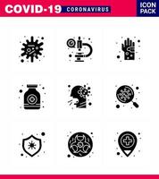 Coronavirus-Bewusstseinssymbole 9 solide Glyphe schwarzes Symbol Corona-Virus-Grippe im Zusammenhang mit Medikamentensirup Bakterienpillen Hygiene Virus-Coronavirus 2019nov-Krankheitsvektor-Designelemente vektor