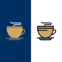 Tee Kaffeetasse Reinigungssymbole flach und Linie gefüllt Icon Set Vektor blauen Hintergrund