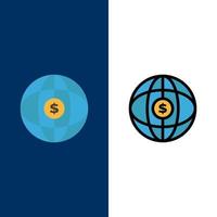 värld klot internet dollar ikoner platt och linje fylld ikon uppsättning vektor blå bakgrund