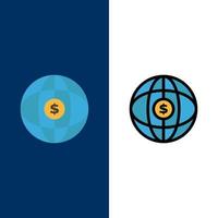 Weltkugel Internet-Dollar-Icons flach und Linie gefüllt Icon Set Vektor blauen Hintergrund