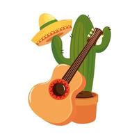isolerad mexikansk kaktushatt och gitarrvektordesign vektor