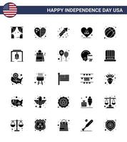 stock vektor ikon packa av amerikan dag 25 fast glyf tecken och symboler för boll USA firande amerikan hjärta redigerbar USA dag vektor design element