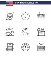 9 kreative usa-ikonen moderne unabhängigkeitszeichen und 4. juli symbole des sport-baseball-lebensmittelballs rauch editierbare usa-tag-vektordesignelemente vektor