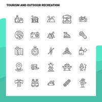 Satz von Tourismus und Erholung im Freien Linie Symbolsatz 25 Symbole Vektor Minimalismus Stil Design schwarze Symbole Set lineares Piktogrammpaket