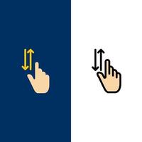 Fingergesten Hand nach oben nach unten Symbole flach und Linie gefüllt Symbolsatz Vektor blauen Hintergrund