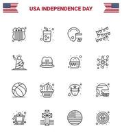 Packung mit 16 kreativen Usa-Unabhängigkeitstag-bezogenen Linien von Usa of Football Liberty Party Bulb editierbare Usa-Tag-Vektordesign-Elemente vektor