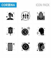 Coronavirus 9 Solid Glyph Black Icon Set zum Thema Corona-Epidemie enthält Icons wie Health Care Recovery Infektion Tropf Medical Virus Coronavirus 2019nov Disease Vector Design Elemen