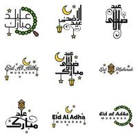 happy eid mubarak handbuchstabe typografie gruß wirbelnde bürstenschrift packung mit 9 grüßen mit leuchtenden sternen und mond vektor