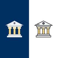 Bankgebäude Geld Service Symbole flach und Linie gefüllt Icon Set Vektor blauen Hintergrund