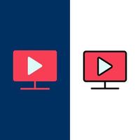 Überwachen Sie Computer-Video-Play-Symbole flach und Linie gefüllt Icon-Set Vektor blauen Hintergrund
