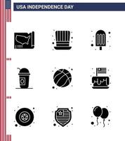 packung mit 9 usa unabhängigkeitstag feier solide glyphen zeichen und 4. juli symbole wie fußball amerikanische creme staaten amerikanisch editierbare usa tag vektor design elemente