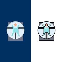 vitruvian man medizinische szene symbole flach und linie gefüllt icon set vektor blauen hintergrund