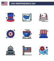 modern uppsättning av 9 platt fylld rader och symboler på USA oberoende dag sådan som kopp USA bro stjärna turism redigerbar USA dag vektor design element