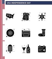 Usa Happy Independence DayPiktogrammsatz aus 9 einfachen soliden Glyphen von Filmkino-Männersternabzeichen editierbare Usa-Tag-Vektordesign-Elemente vektor