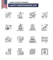USA Lycklig oberoende dag piktogram uppsättning av 16 enkel rader av armén sporter Washington fladdermus boll redigerbar USA dag vektor design element