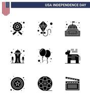 packung mit 9 usa unabhängigkeitstag feier solide glyphen zeichen und 4. juli symbole wie feiern raum gebäude nadel gebäude editierbare usa tag vektor design elemente