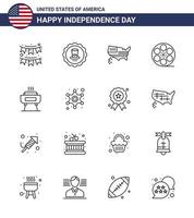 Packung mit 16 US-amerikanischen Unabhängigkeitstag-Feierlinien, Zeichen und Symbolen für den 4. Juli, wie z. B. Barbeque-Video vektor