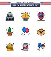 Usa Happy Independence Day Piktogramm-Set aus 9 einfachen, flach gefüllten Linien von Feiertopf Amerikanischer Pflanzenkaktus editierbare Usa-Tag-Vektordesign-Elemente vektor