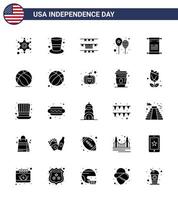 Packung mit 25 USA-Unabhängigkeitstag-Feier solide Glyphenzeichen und 4. Juli-Symbole wie Text Amerika-Flaggen-Ammern-Party feiern bearbeitbare USA-Tag-Vektordesign-Elemente vektor