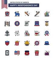 Happy Independence Day Pack mit 25 flach gefüllten Linien Zeichen und Symbolen für Saloon Door Baseball Light Candle Editierbare Usa Day Vector Design Elemente