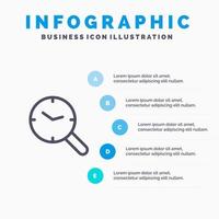Sök forskning Kolla på klocka linje ikon med 5 steg presentation infographics bakgrund vektor