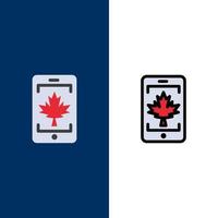 Mobile Zelle Kanada Blatt Symbole flach und Linie gefüllt Symbolsatz Vektor blauen Hintergrund