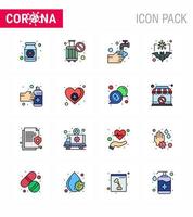 16 flache, farbig gefüllte Linien Virusvirus Corona Icon Pack wie Coronavirus Fledermaus keine Reiseblase Waschen virales Coronavirus 2019nov Krankheitsvektor Designelemente vektor