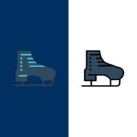 Boot Schlittschuh Schlittschuhe Skating Symbole flach und Linie gefüllt Symbolsatz Vektor blauen Hintergrund