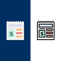 Grundlegende Geld Dokument Bank Symbole flach und Linie gefüllt Icon Set Vektor blauen Hintergrund
