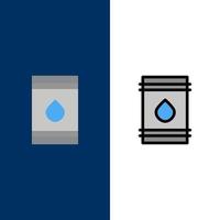 Barrel Öl Kraftstoff brennbare Öko-Symbole flach und Linie gefüllt Icon Set Vektor blauen Hintergrund