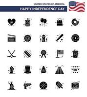 Große Packung mit 25 USA Happy Independence Day USA Vektor solide Glyphe und editierbare Symbole von Donut-Paketen Flüssiges Geld Party editierbare USA-Tag-Vektor-Designelemente