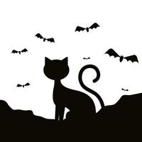 silhuett katt av Halloween med fladdermöss flyger vektor