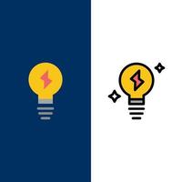 Glühbirne Licht Power Symbole flach und Linie gefüllt Icon Set Vektor blauen Hintergrund