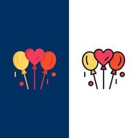 Ballon Liebe Hochzeit Herz Symbole flach und Linie gefüllt Symbolsatz Vektor blauen Hintergrund
