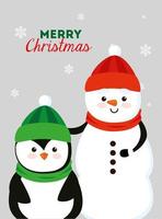 Frohe Weihnachten Plakat mit Schneemann und Pinguin vektor