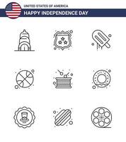 glücklicher unabhängigkeitstag 4. juli satz von 9 linien amerikanisches piktogramm des feiertagstagescremetagesballs editierbare usa-tagesvektordesignelemente vektor