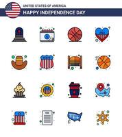 gruppe von 16 flach gefüllten linien, die für den unabhängigkeitstag der vereinigten staaten von amerika festgelegt wurden, wie cap usa backetball love american editable usa day vector design elements