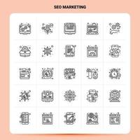 Umriss 25 SEO Marketing Icon Set Vektor Line Style Design Schwarze Icons Set Linear Piktogramm Pack Web und mobile Geschäftsideen Design Vektor Illustration