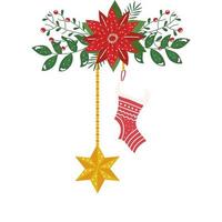 strumpa och stjärna av jul hängande med blomma isolerad ikon vektor