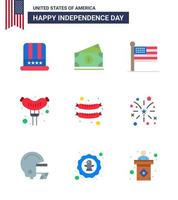 Happy Independence Day Pack mit 9 flachen Zeichen und Symbolen für amerikanische Feuerwerksflaggen-Wurst-Lebensmittel editierbare usa-Tag-Vektordesign-Elemente vektor